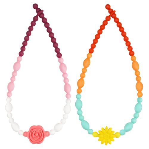 Flower Chew Necklaces for Sensory Kids 2 Pack, One-Piece Silicone Chewelry for Nail Biting Prevention, Sensory Fidget Necklace for Kids & Adult with ADHD & Autism, Classroom Chew Toys for Toddlers